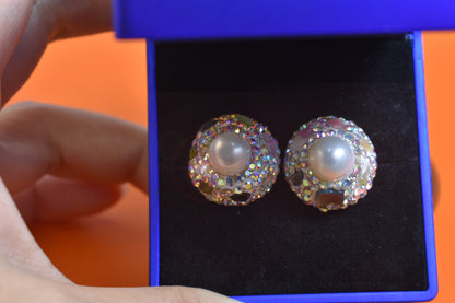 Natural pearl earrings, round three-dimensional handmade inlaid with zircon tourmaline earrings