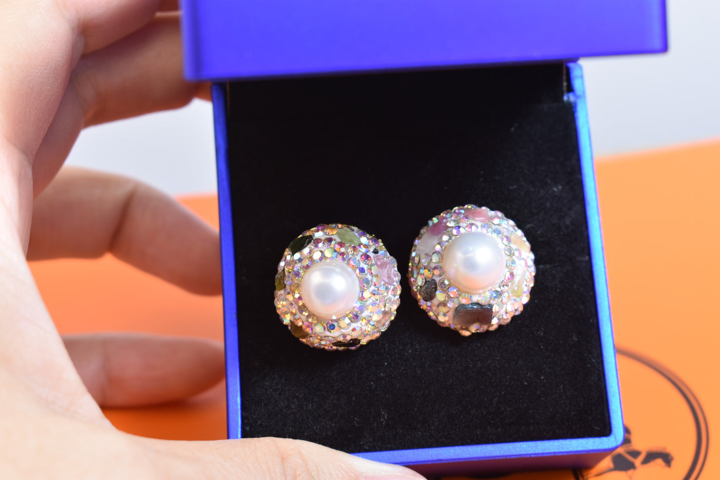 Natural pearl earrings, round three-dimensional handmade inlaid with zircon tourmaline earrings