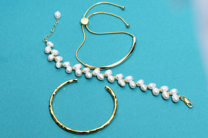 Natural Pearl Wheat Spike Style Three Set  Smile Bracelet Gold Open Hammer Bracelet