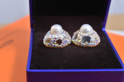 Natural pearl earrings, round three-dimensional handmade inlaid with zircon tourmaline earrings