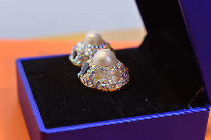 Natural pearl earrings, round three-dimensional handmade inlaid with zircon tourmaline earrings