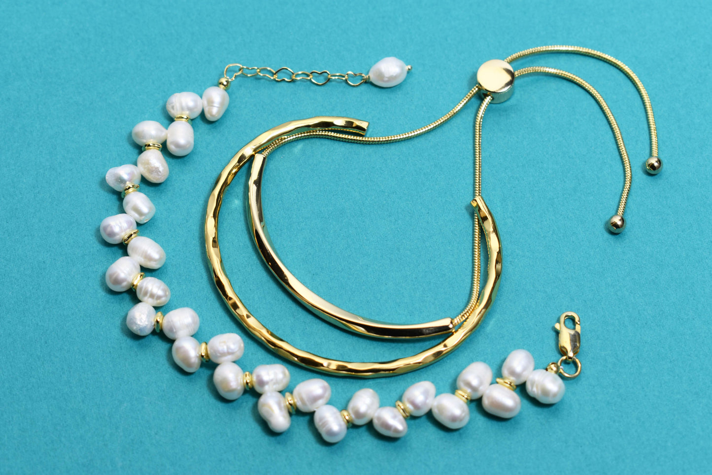 Natural Pearl Wheat Spike Style Three Set  Smile Bracelet Gold Open Hammer Bracelet