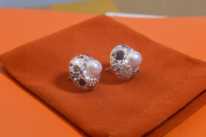 Natural pearl earrings, round three-dimensional handmade inlaid with zircon tourmaline earrings