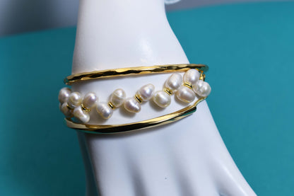 Natural Pearl Wheat Spike Style Three Set  Smile Bracelet Gold Open Hammer Bracelet