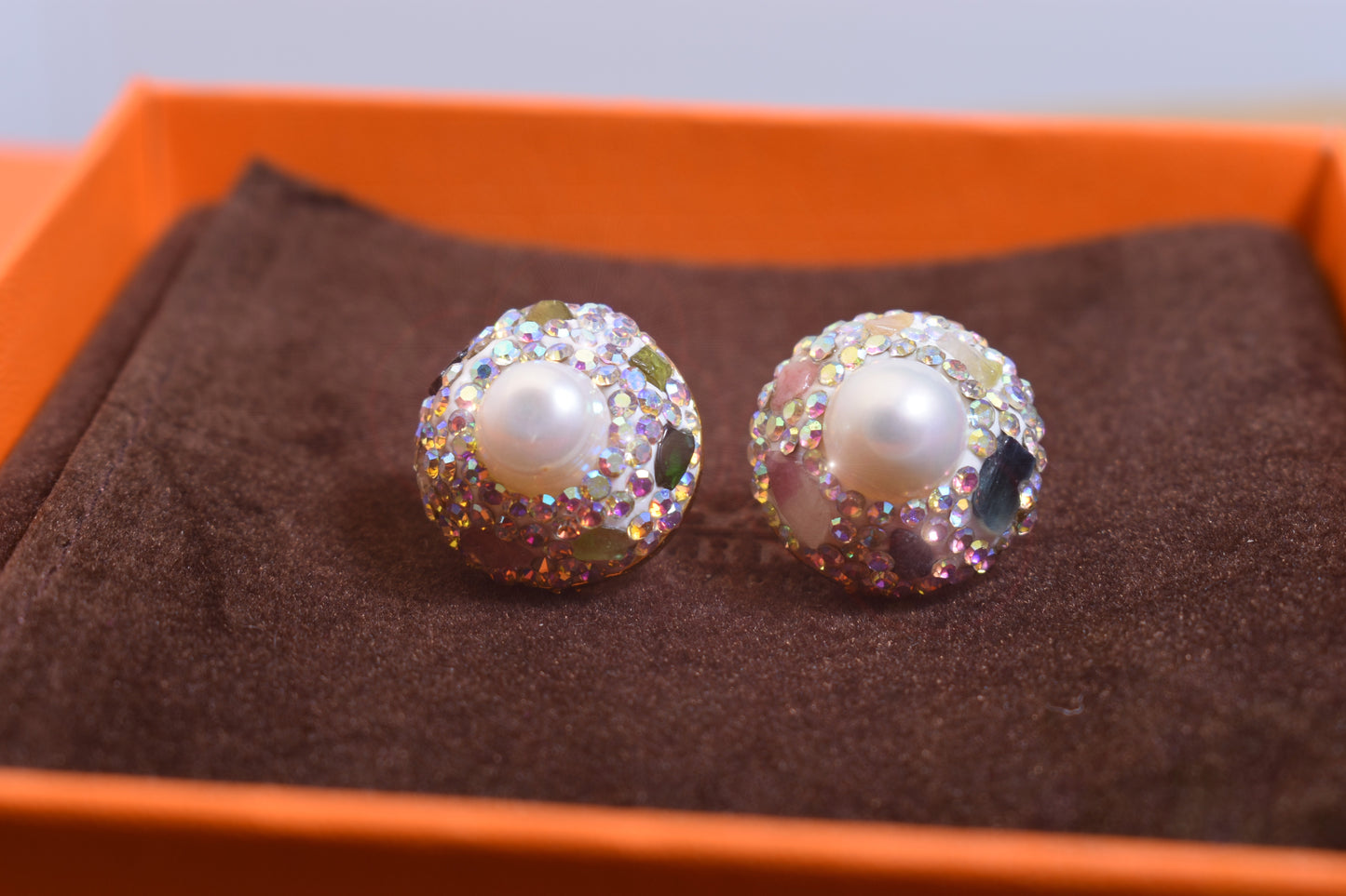 Natural pearl earrings, round three-dimensional handmade inlaid with zircon tourmaline earrings