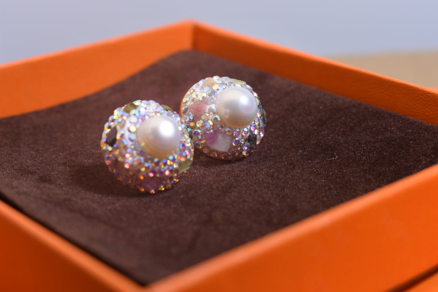 Natural pearl earrings, round three-dimensional handmade inlaid with zircon tourmaline earrings