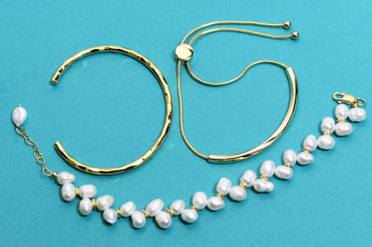 Natural Pearl Wheat Spike Style Three Set  Smile Bracelet Gold Open Hammer Bracelet