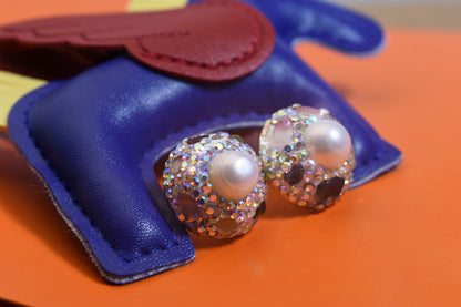 Natural pearl earrings, round three-dimensional handmade inlaid with zircon tourmaline earrings