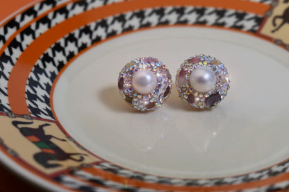 Natural pearl earrings, round three-dimensional handmade inlaid with zircon tourmaline earrings