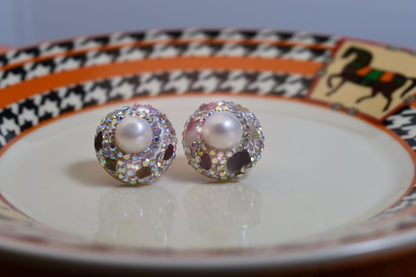 Natural pearl earrings, round three-dimensional handmade inlaid with zircon tourmaline earrings