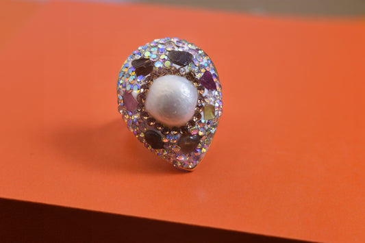 Luxury water droplet shaped natural pearl ring with three-dimensional dense inlay of tourmaline and zircon, adjustable ring at the opening