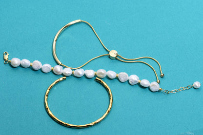 Natural Baroque Pearl Bracelet Set of Three  Smile Bracelet Gold Open Hammer Bracelet