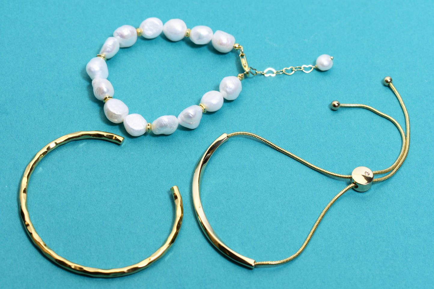 Natural Baroque Pearl Bracelet Set of Three  Smile Bracelet Gold Open Hammer Bracelet