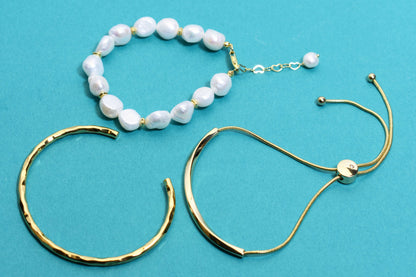 Natural Baroque Pearl Bracelet Set of Three  Smile Bracelet Gold Open Hammer Bracelet