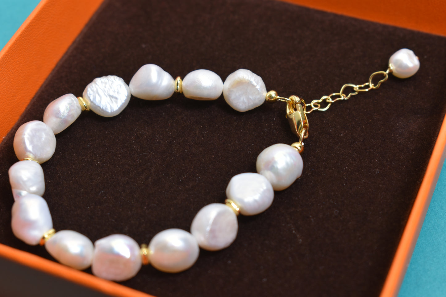Natural Baroque Pearl Bracelet Set of Three  Smile Bracelet Gold Open Hammer Bracelet