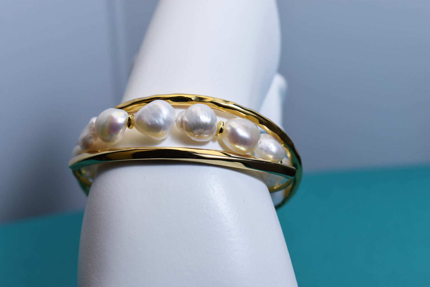 Natural Baroque Pearl Bracelet Set of Three  Smile Bracelet Gold Open Hammer Bracelet