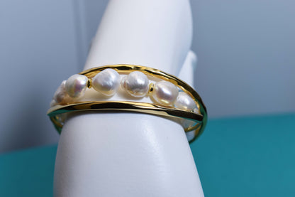 Natural Baroque Pearl Bracelet Set of Three  Smile Bracelet Gold Open Hammer Bracelet