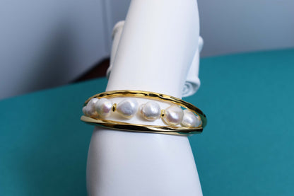 Natural Baroque Pearl Bracelet Set of Three  Smile Bracelet Gold Open Hammer Bracelet