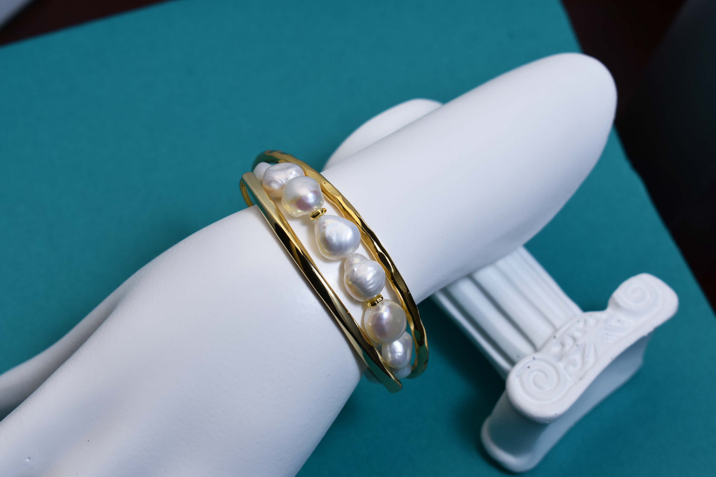 Natural Baroque Pearl Bracelet Set of Three  Smile Bracelet Gold Open Hammer Bracelet