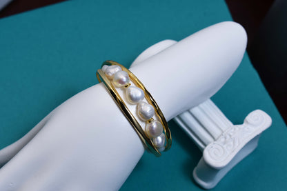 Natural Baroque Pearl Bracelet Set of Three  Smile Bracelet Gold Open Hammer Bracelet