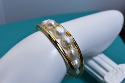 Natural Baroque Pearl Bracelet Set of Three  Smile Bracelet Gold Open Hammer Bracelet