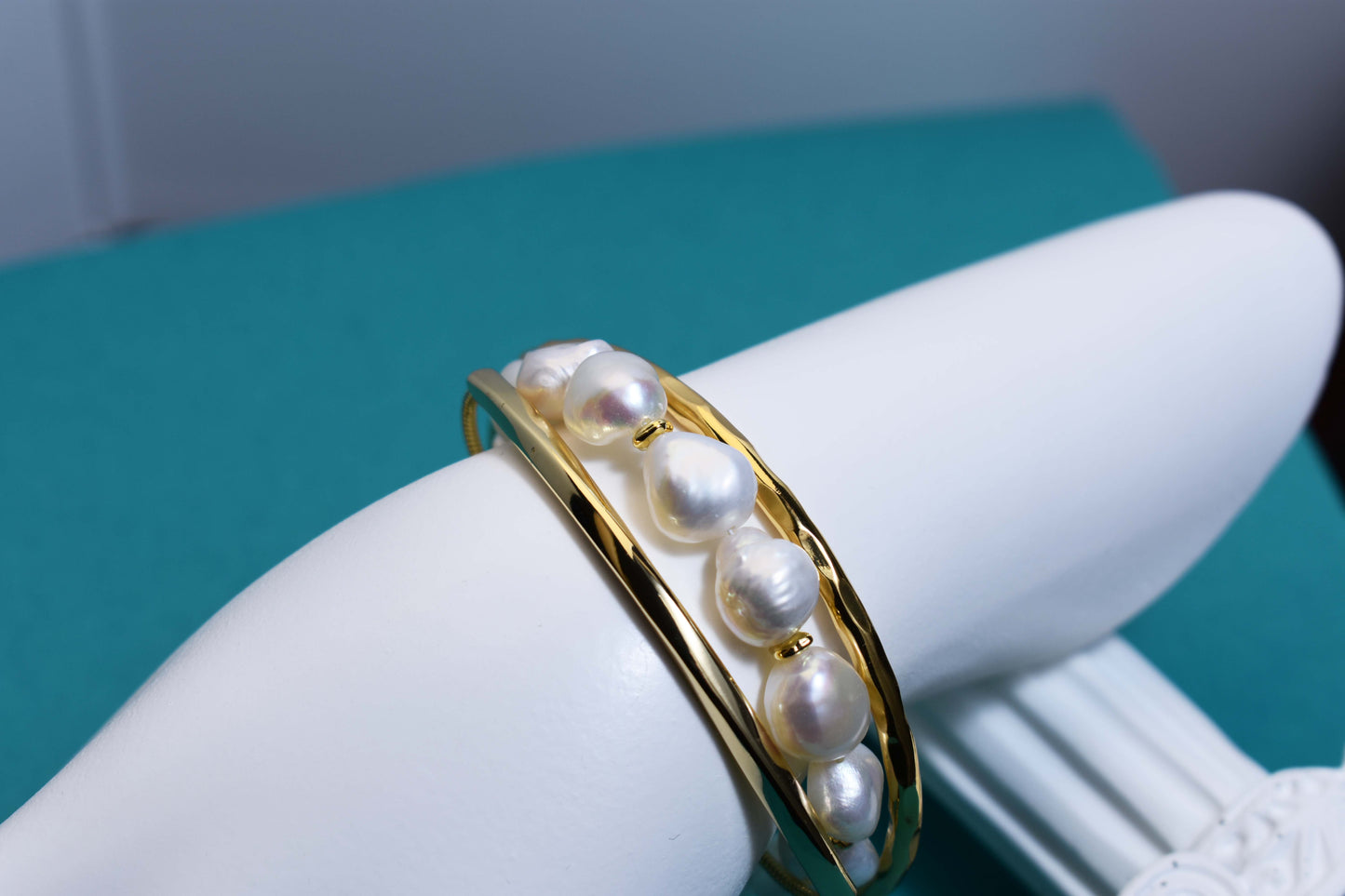 Natural Baroque Pearl Bracelet Set of Three  Smile Bracelet Gold Open Hammer Bracelet