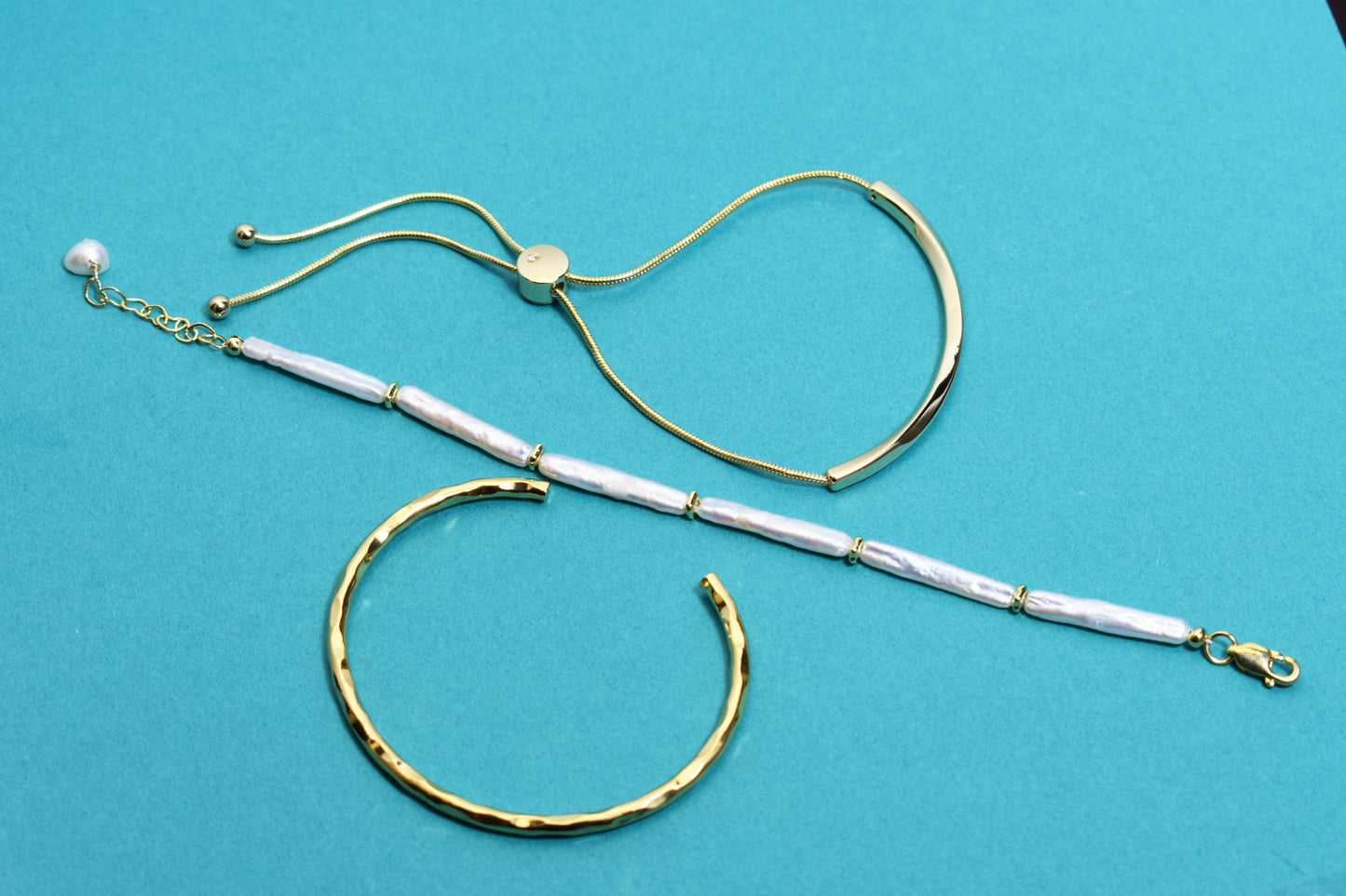 Natural pearl small silver bar design three sets  smile bracelet gold open hammer bracelet