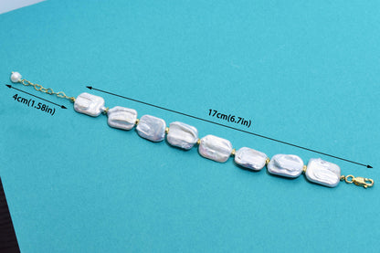 Natural Baroque Flat Pearl Bracelet Set of Three  Smile Bracelet Gold Open Hammer Bracelet