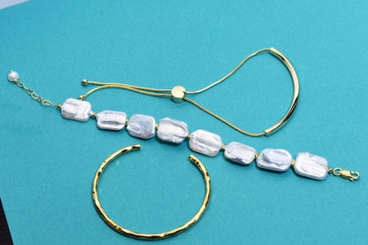 Natural Baroque Flat Pearl Bracelet Set of Three  Smile Bracelet Gold Open Hammer Bracelet