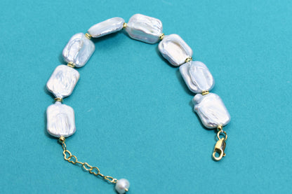 Natural Baroque Flat Pearl Bracelet Set of Three  Smile Bracelet Gold Open Hammer Bracelet