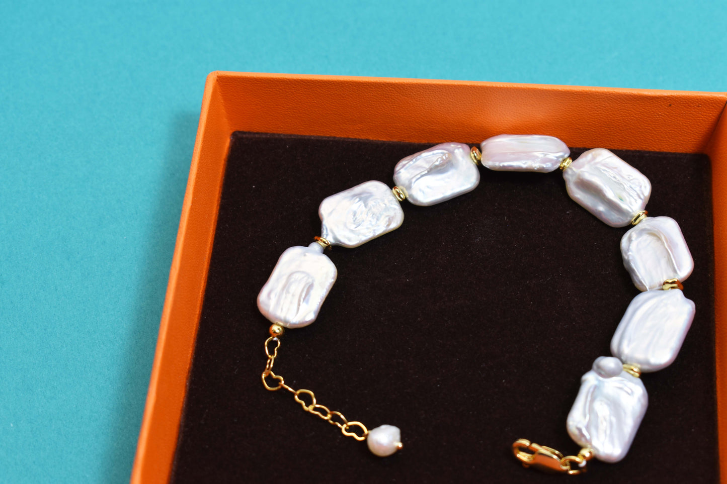 Natural Baroque Flat Pearl Bracelet Set of Three  Smile Bracelet Gold Open Hammer Bracelet