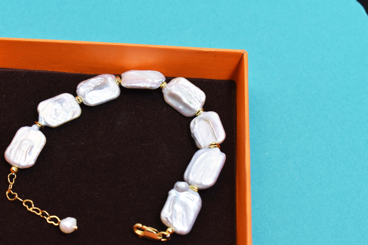 Natural Baroque Flat Pearl Bracelet Set of Three  Smile Bracelet Gold Open Hammer Bracelet