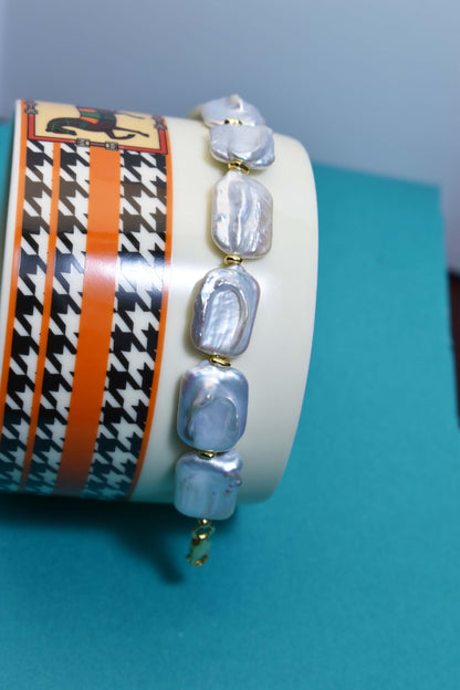 Natural Baroque Flat Pearl Bracelet Set of Three  Smile Bracelet Gold Open Hammer Bracelet