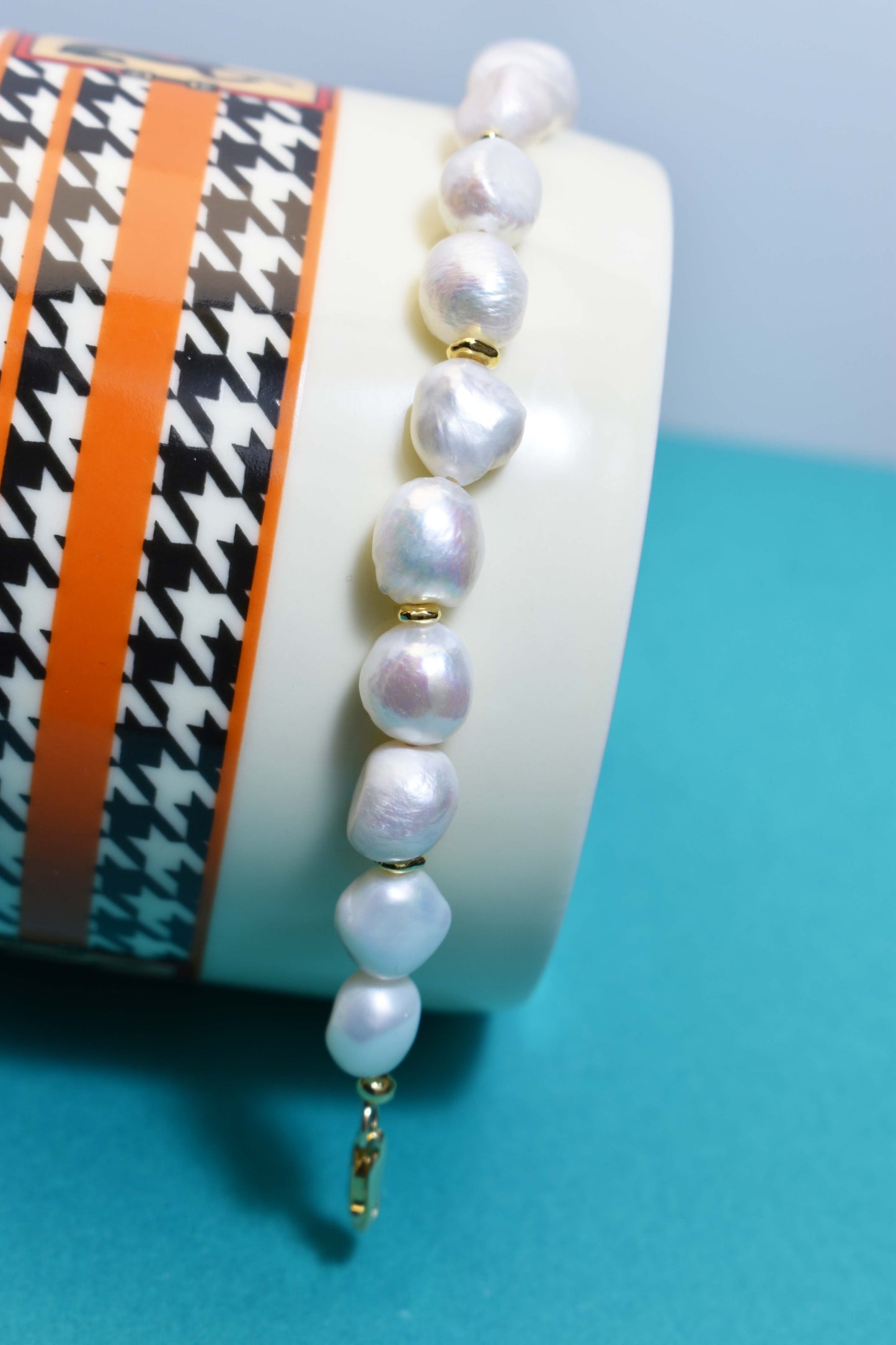 Natural Baroque Pearl Bracelet Set of Three  Smile Bracelet Gold Open Hammer Bracelet