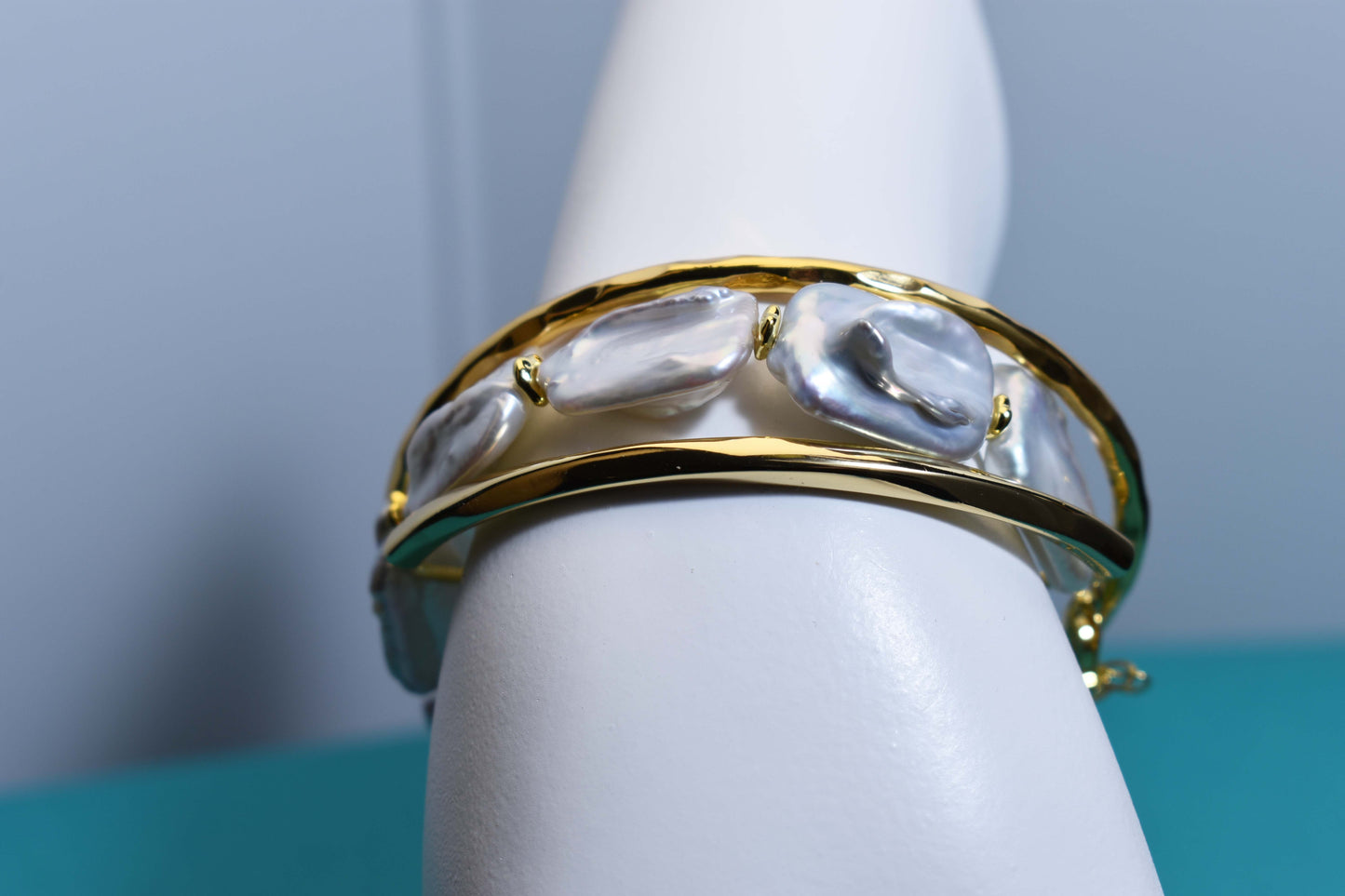 Natural Baroque Flat Pearl Bracelet Set of Three  Smile Bracelet Gold Open Hammer Bracelet