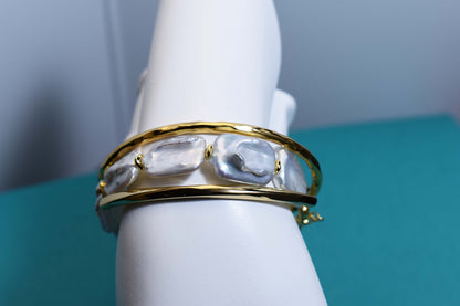 Natural Baroque Flat Pearl Bracelet Set of Three  Smile Bracelet Gold Open Hammer Bracelet