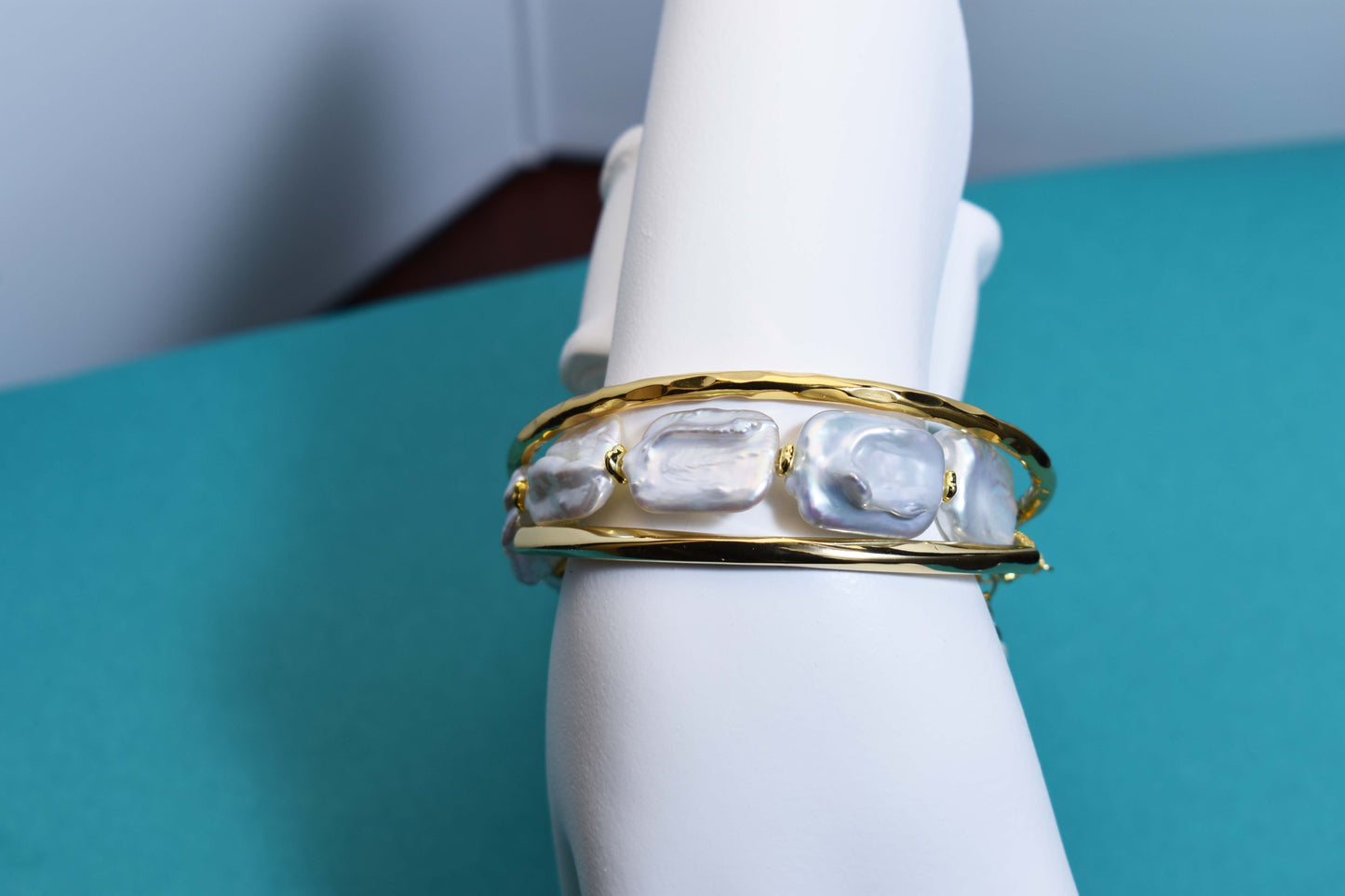 Natural Baroque Flat Pearl Bracelet Set of Three  Smile Bracelet Gold Open Hammer Bracelet