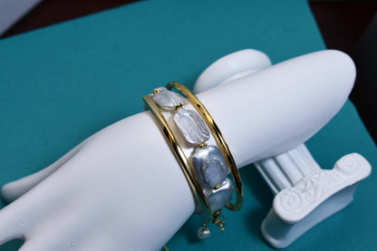 Natural Baroque Flat Pearl Bracelet Set of Three  Smile Bracelet Gold Open Hammer Bracelet