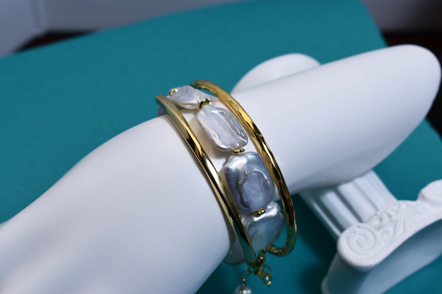 Natural Baroque Flat Pearl Bracelet Set of Three  Smile Bracelet Gold Open Hammer Bracelet