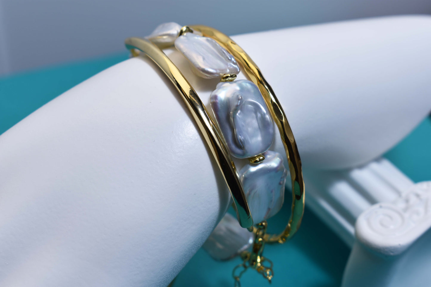 Natural Baroque Flat Pearl Bracelet Set of Three  Smile Bracelet Gold Open Hammer Bracelet