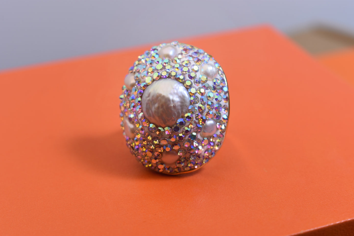 Luxurious and Shining Natural Baroque Pearl Ring with Three Dimensional Dense Embedding of Small Pearls and Colored Zirconia, Adjustable Ring at the Opening