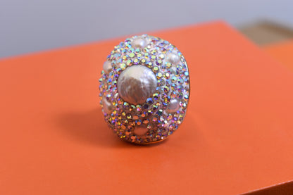 Luxurious and Shining Natural Baroque Pearl Ring with Three Dimensional Dense Embedding of Small Pearls and Colored Zirconia, Adjustable Ring at the Opening