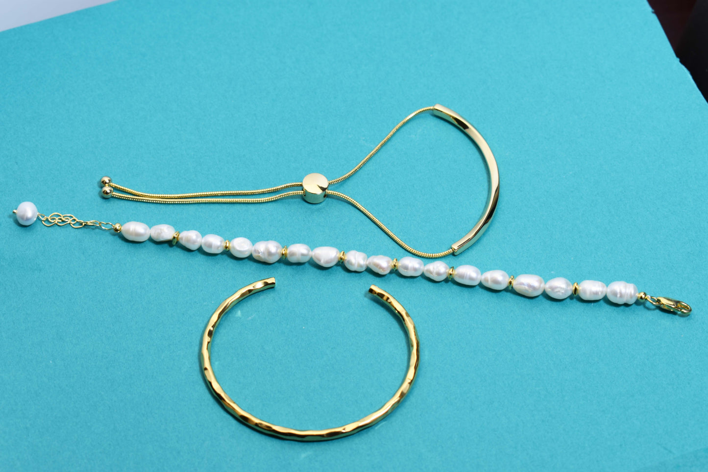Natural pearl bracelet three piece set paired with  smile bracelet and gold open hammer bracelet