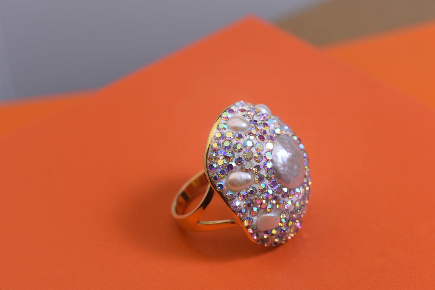 Luxurious and Shining Natural Baroque Pearl Ring with Three Dimensional Dense Embedding of Small Pearls and Colored Zirconia, Adjustable Ring at the Opening