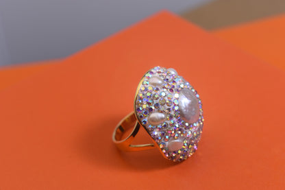 Luxurious and Shining Natural Baroque Pearl Ring with Three Dimensional Dense Embedding of Small Pearls and Colored Zirconia, Adjustable Ring at the Opening