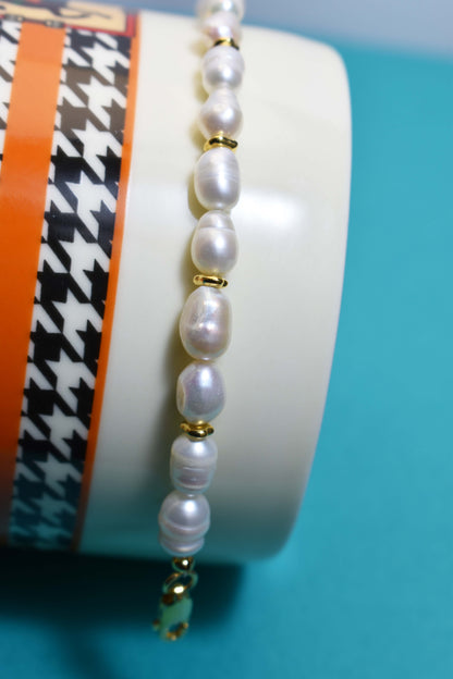 Natural pearl bracelet three piece set paired with  smile bracelet and gold open hammer bracelet