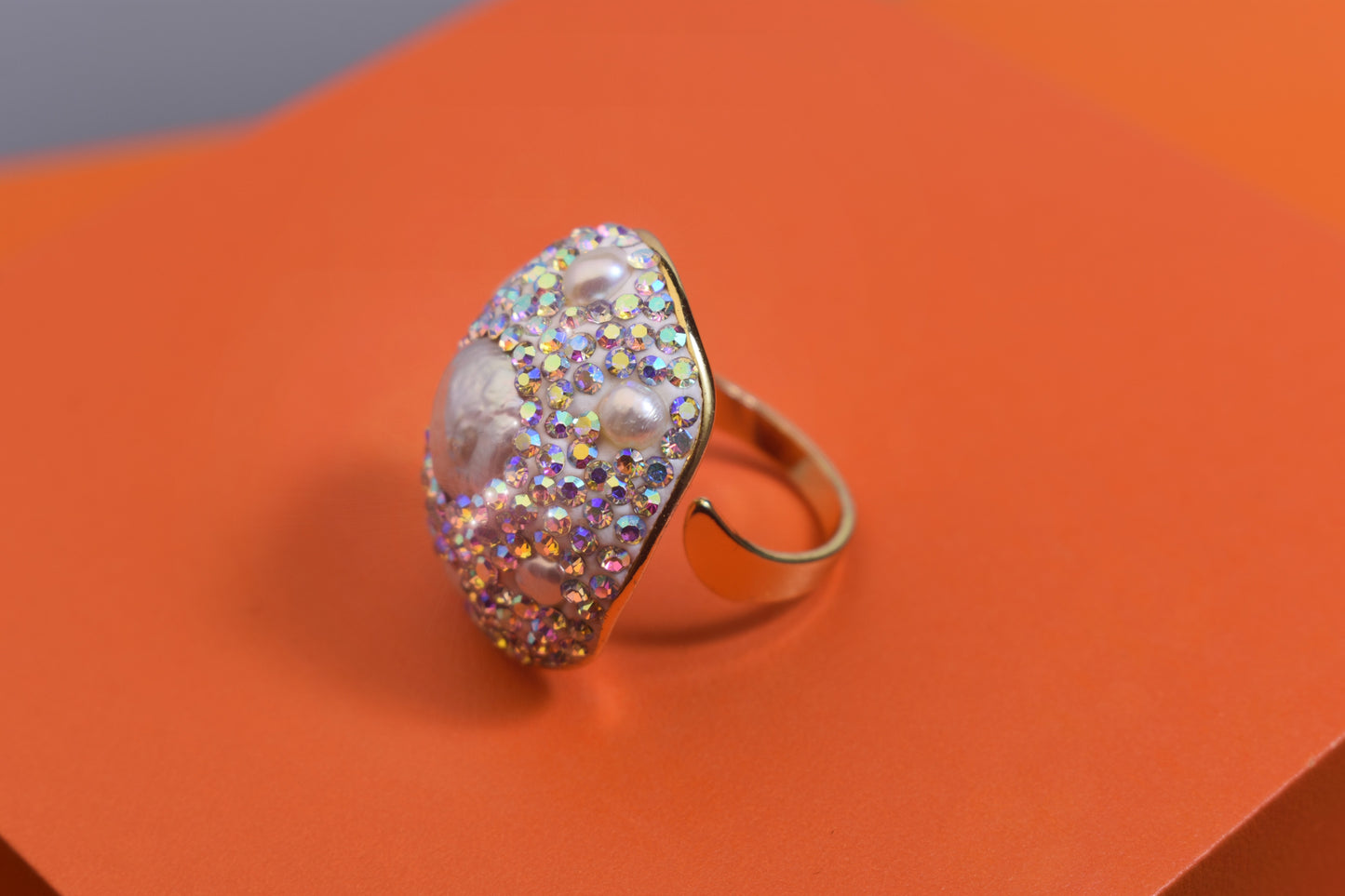 Luxurious and Shining Natural Baroque Pearl Ring with Three Dimensional Dense Embedding of Small Pearls and Colored Zirconia, Adjustable Ring at the Opening