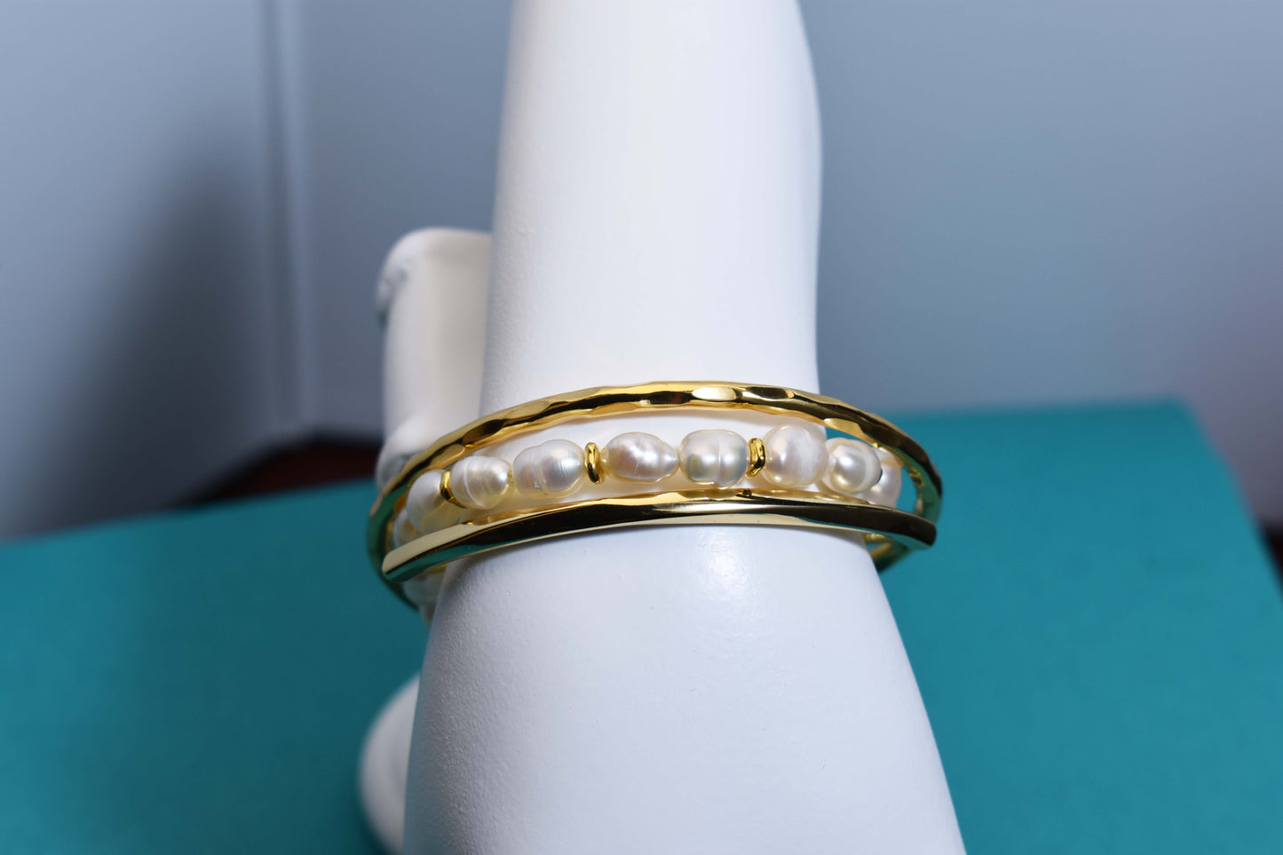 Natural pearl bracelet three piece set paired with  smile bracelet and gold open hammer bracelet