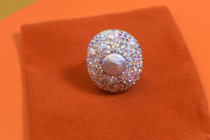 Luxurious and Shining Natural Baroque Pearl Ring with Three Dimensional Dense Embedding of Small Pearls and Colored Zirconia, Adjustable Ring at the Opening