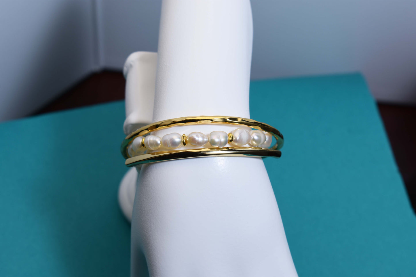 Natural pearl bracelet three piece set paired with  smile bracelet and gold open hammer bracelet